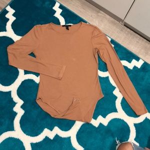 F21 Tan Ribbed Cotton Bodysuit with Long Sleeves